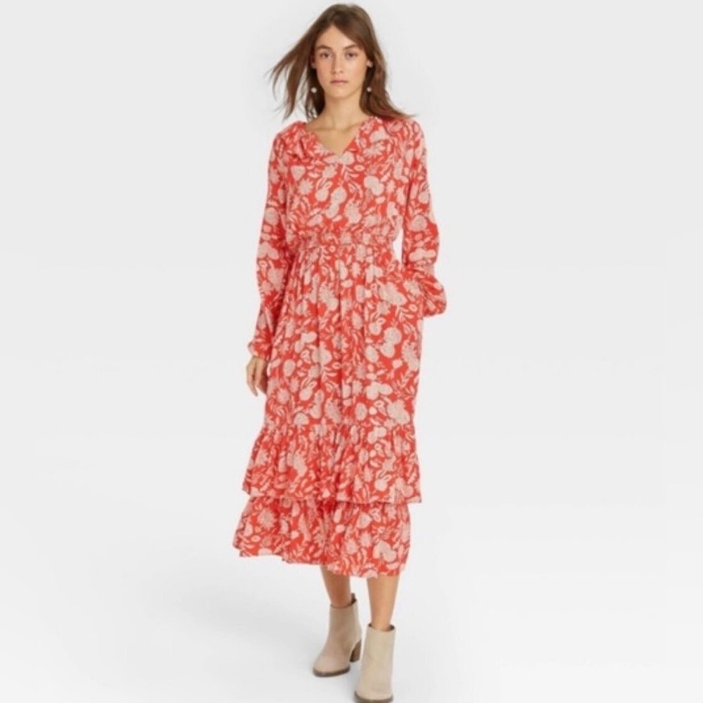 ✨NWT✨ UNIVERSAL THREAD Red Orange Whote Floral Ruffle Midi Dress - Medium